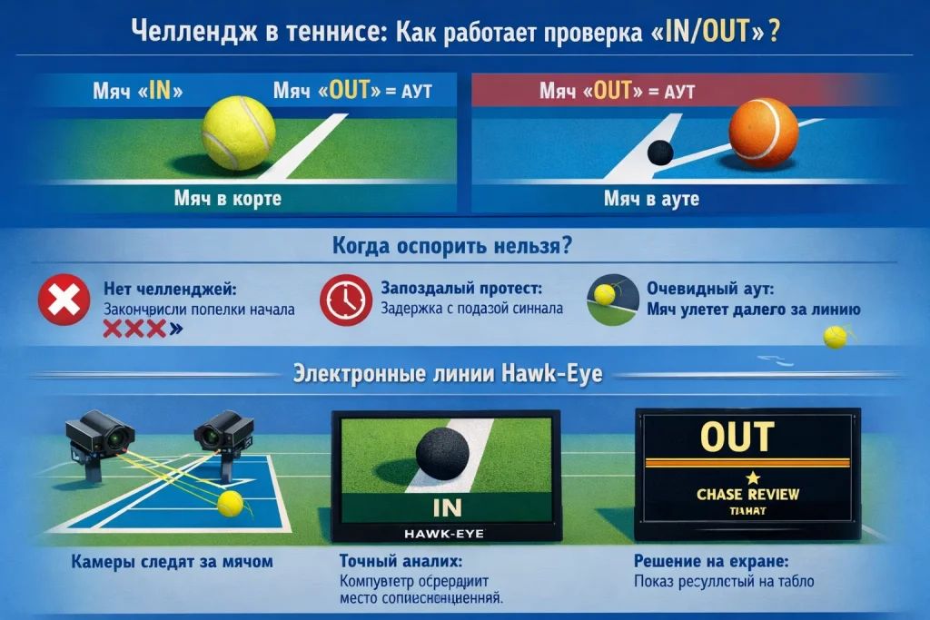 Челлендж в теннисе: как работает проверка “in/out”, почему иногда нельзя оспорить и что такое электронные линии (Hawk-Eye)