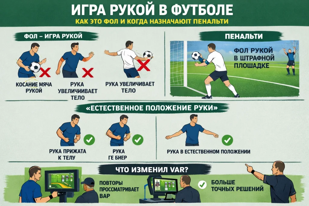 Игра рукой в футболе: когда это фол, когда назначают пенальти, "естественное положение руки" и что изменил VAR