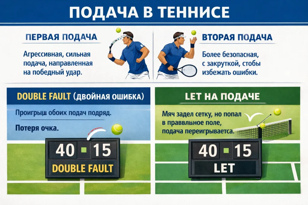Две подачи в теннисе: зачем первая и вторая, что такое double fault, "let" на подаче и как это видно на табло