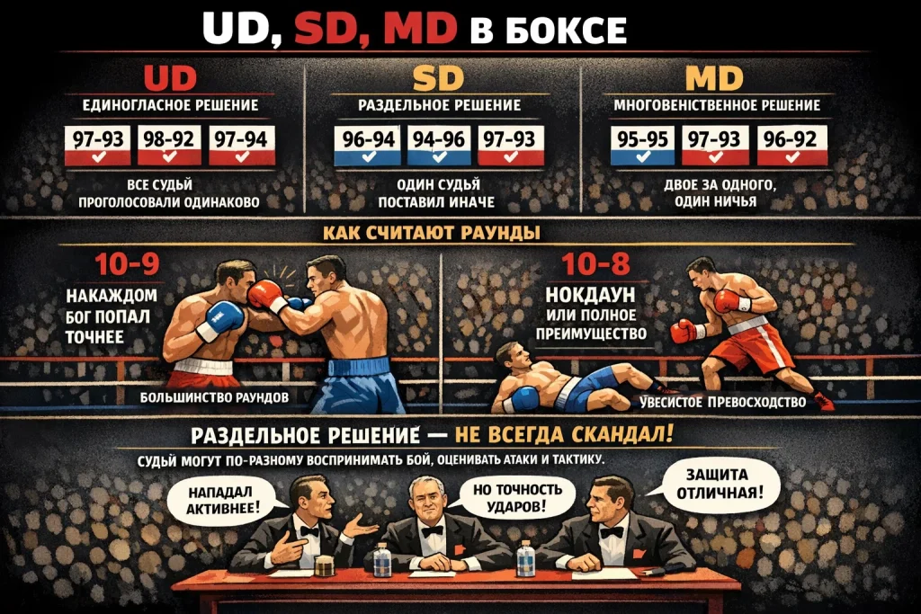 UD, SD, MD в боксе: что означают решения судей, как считают раунды 10–9/10–8 и почему "раздельное" решение не всегда скандал