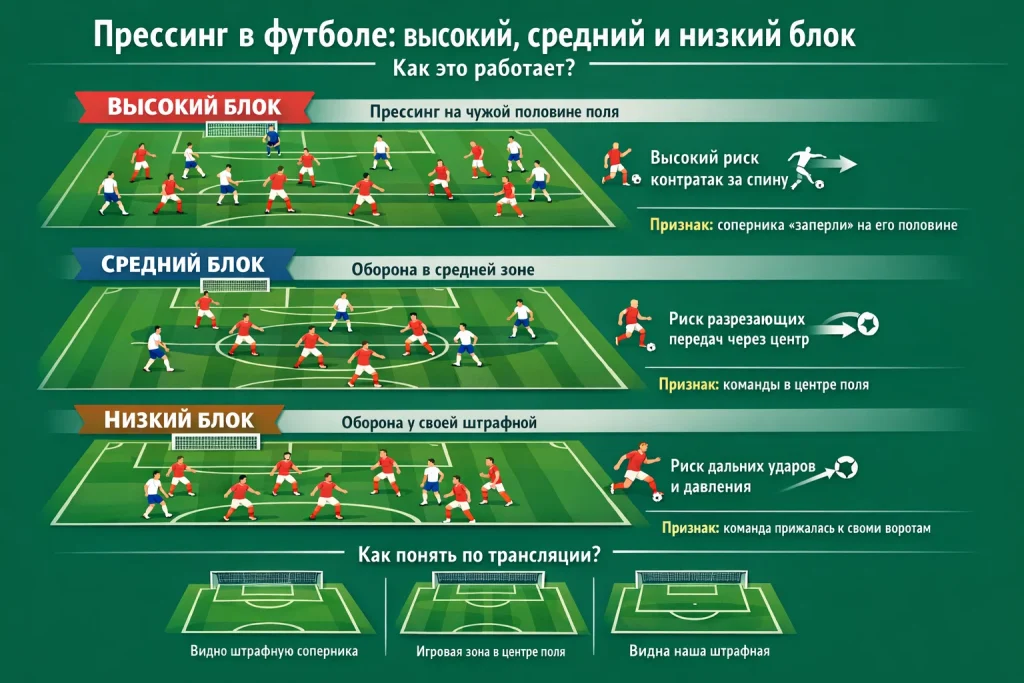 Прессинг в футболе: высокий, средний и низкий блок — как это работает, какие риски и как понять по трансляции
