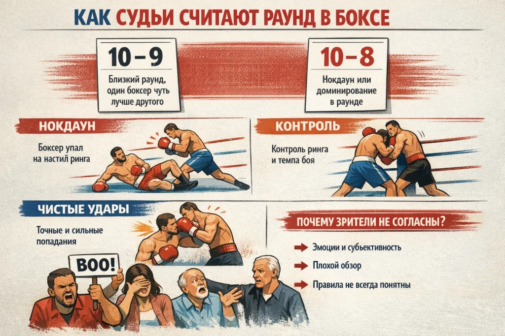 Как судьи считают раунд в боксе: 10–9 и 10–8, нокдауны, контроль, чистые удары и почему зрители часто не согласны