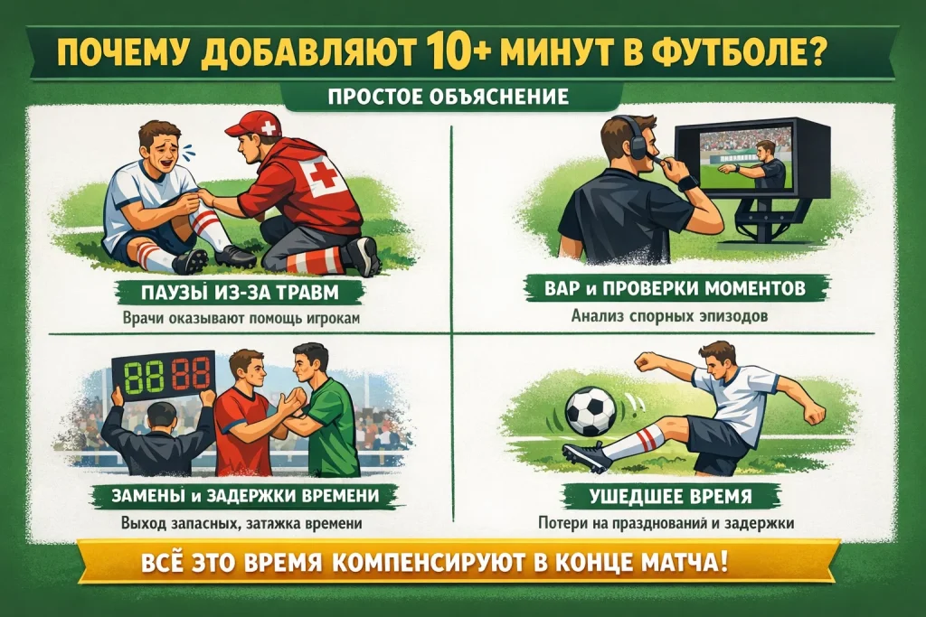Почему в футболе добавляют 10+ минут: простое объяснение без путаницы