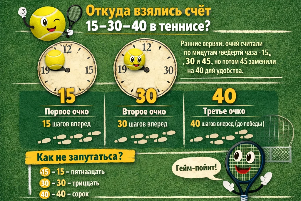 Счет в теннисе 15–30–40: откуда взялись эти цифры и как не путаться в гейме