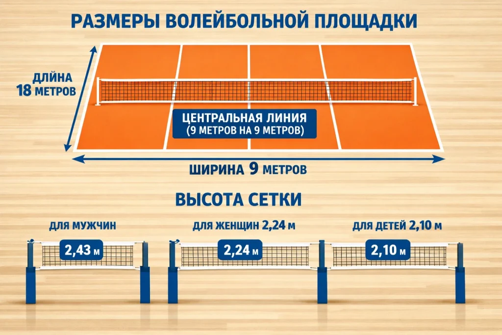 Размер волейбольной площадки и высота сетки: все параметры, что важно знать игрокам и тренерам