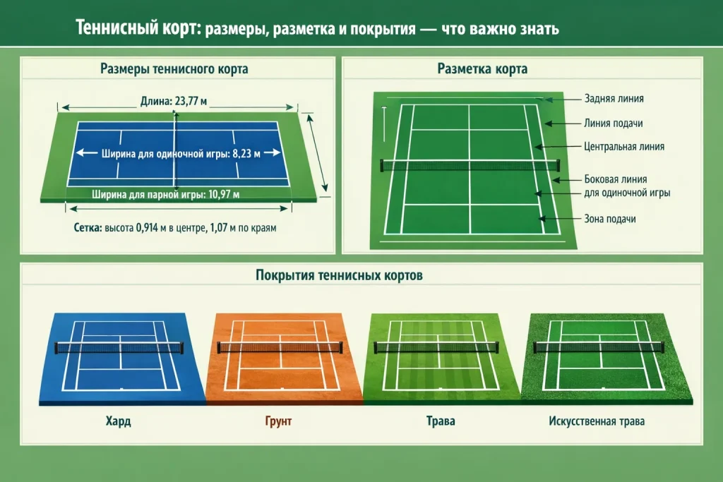 Теннисный корт: размеры, разметка и покрытия — что важно знать