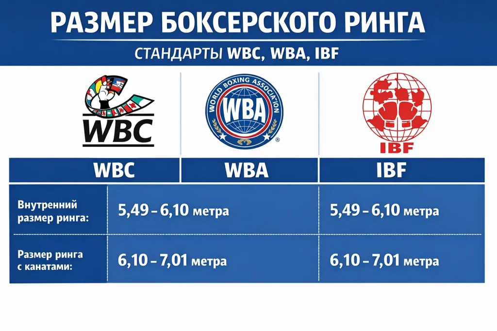Размер боксерского ринга в метрах: стандарты WBC, WBA, IBF