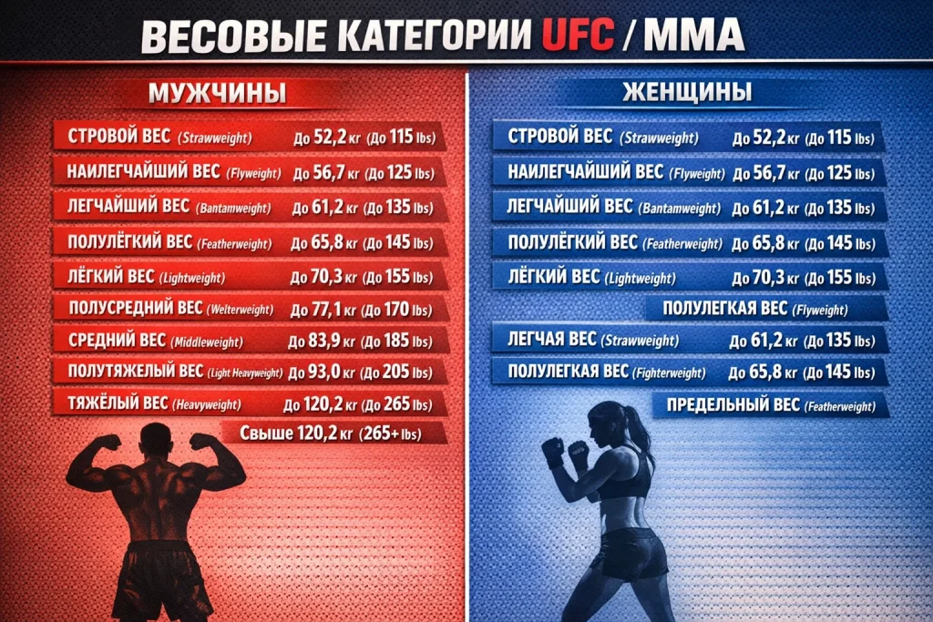 Весовые категории UFC и ММА: полный список с таблицей и чемпионами 2026