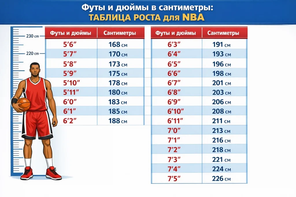 Футы и дюймы в сантиметры: полная таблица роста для NBA