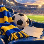 Синьо-жовтий шарф, м’яч і символічні квитки на стадіонних сидіннях