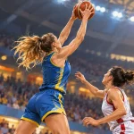 Баскетболистка в синей форме борется за подбор под кольцом — иллюстрация